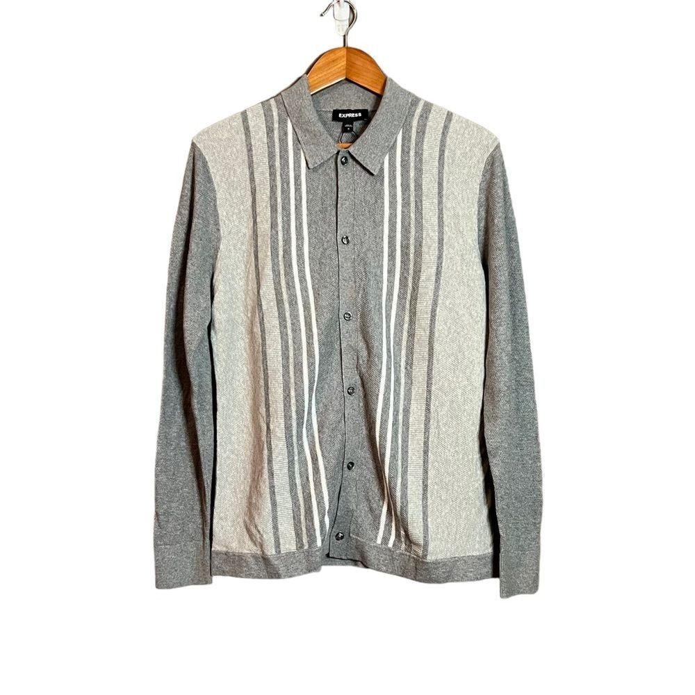 Express Men's Gray Button-Up Sweater with Vertical Stripes
